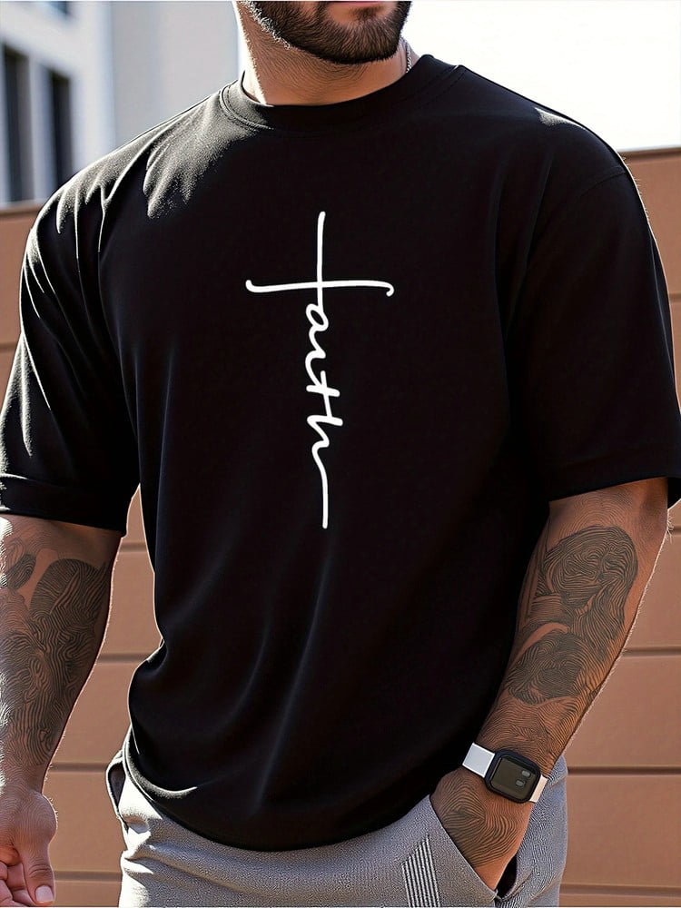 Men T-Shirt Faith Cross Graphic Print Black White Short Sleeve Crew Neck T Shirt