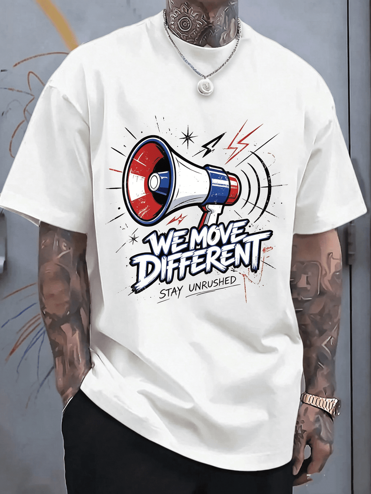 Men White Oversized Cotton Tee, We Move Different Megaphone Lightning Print Hip Hop Street Casual Top For Youth