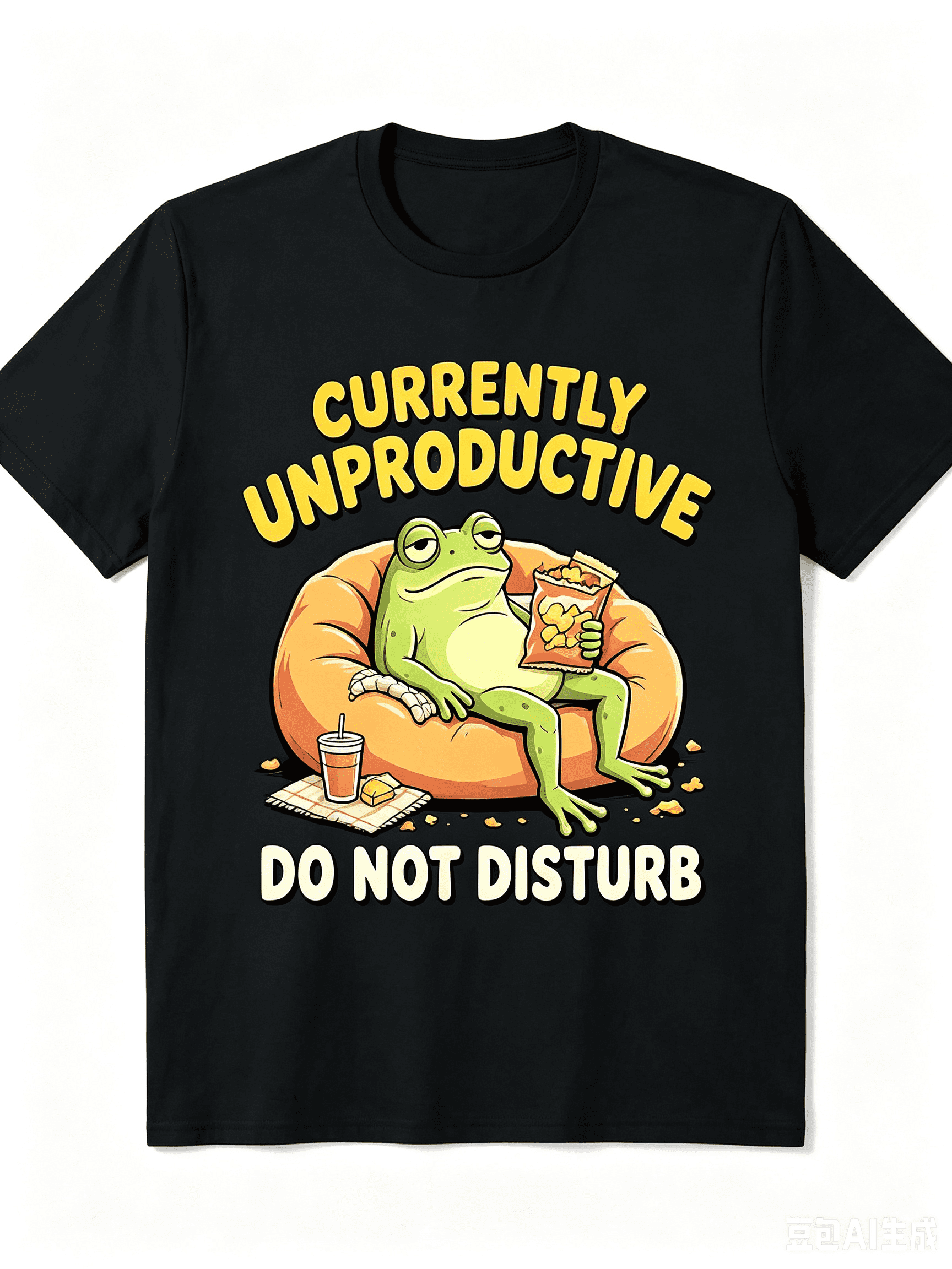 Men Women Currently Unproductive Do Not Disturb Lazy Frog Snack Bean Bag Graphic Crew Neck Short Sleeve T-Shirt Funny Meme Cartoon Casual Soft All Season Daily Lounge Tee