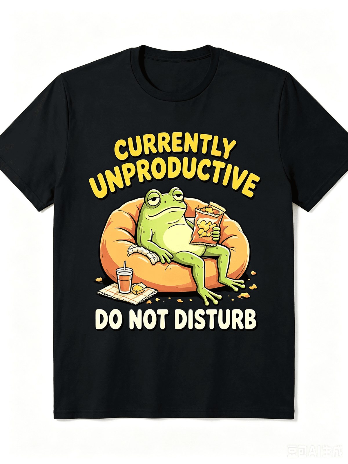 Men Women Currently Unproductive Do Not Disturb Lazy Frog Snack Bean Bag Graphic Crew Neck Short Sleeve T-Shirt Funny Meme Cartoon Casual Soft All Season Daily Lounge Tee