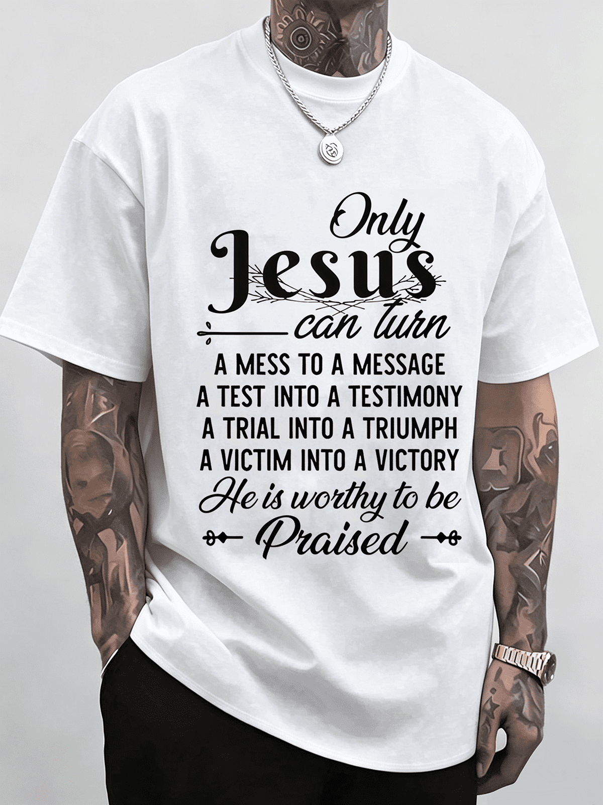 Men & Women Inspirational Christian Faith T-Shirt Only Jesus Can Turn Mess Into Message Religious Verse Short Sleeve Top
