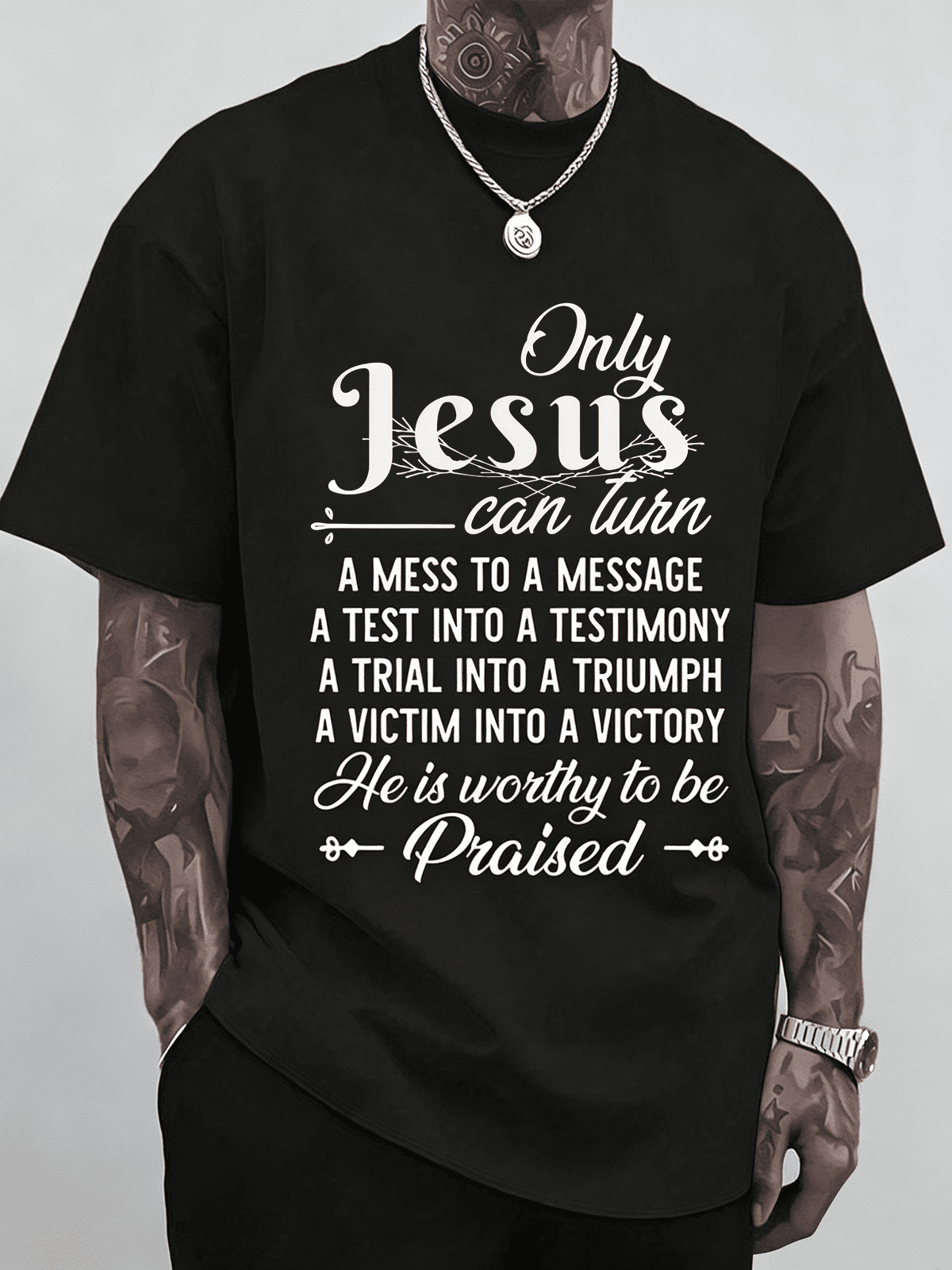 Men & Women Inspirational Christian Faith T-Shirt Only Jesus Can Turn Mess Into Message Religious Verse Short Sleeve Top