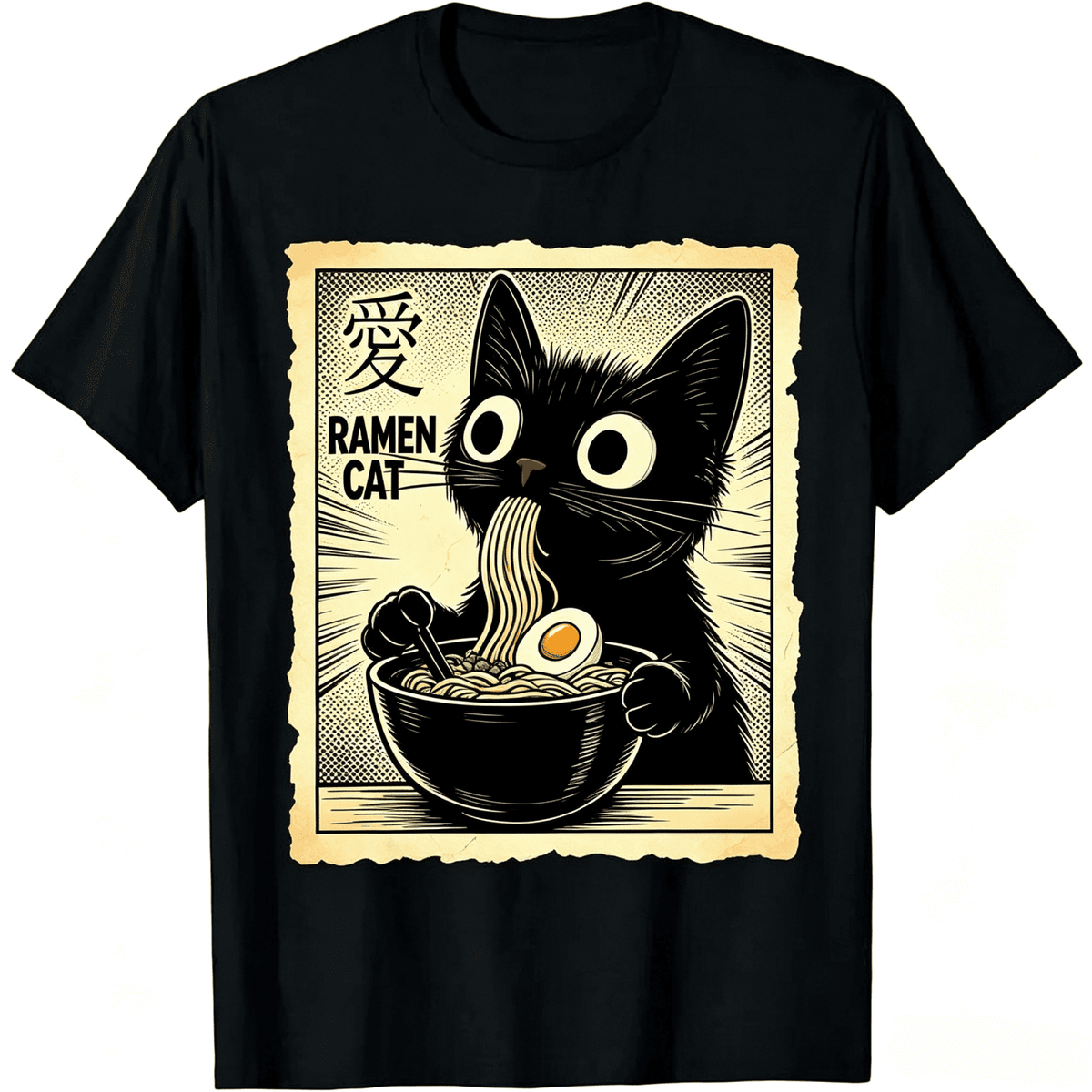 Men's 100% Cotton Short-Sleeve Crew Neck T-Shirt, Trendy Graphic Top with Funny Cat Ramen Design