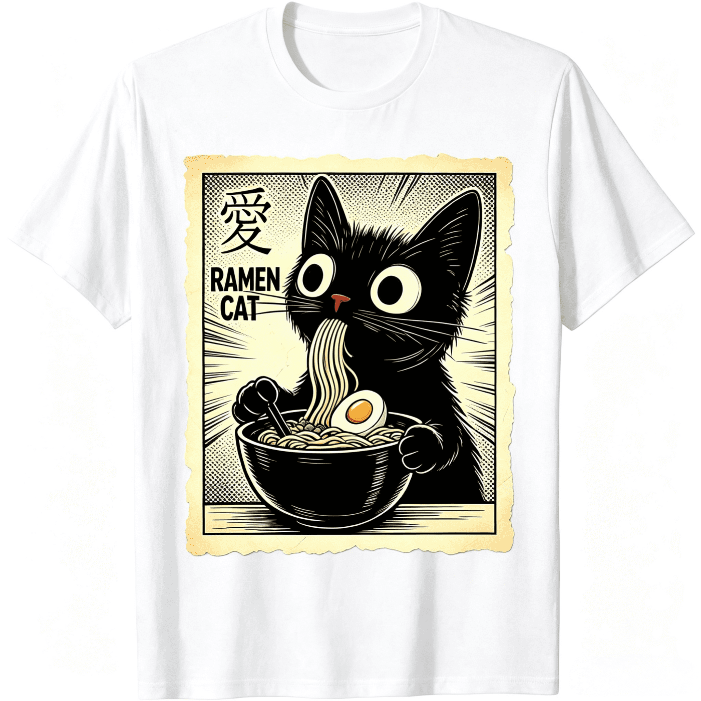 Men's 100% Cotton Short-Sleeve Crew Neck T-Shirt, Trendy Graphic Top with Funny Cat Ramen Design