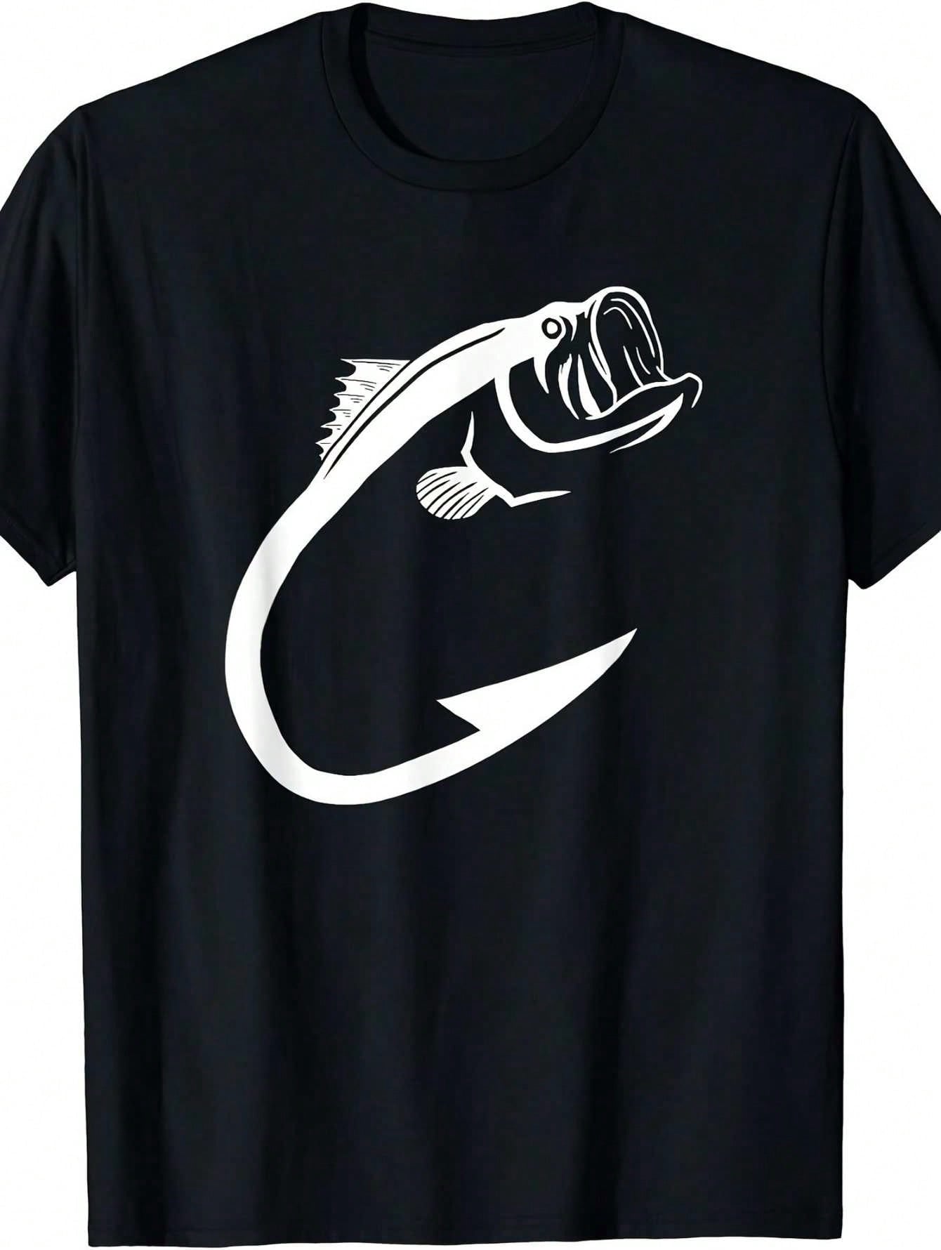 Men's Angler Bass Fish Hook Graphic T-Shirt Outdoor Fishing Hobby Top