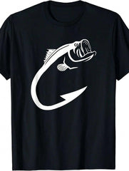 Men's Angler Bass Fish Hook Graphic T-Shirt Outdoor Fishing Hobby Top