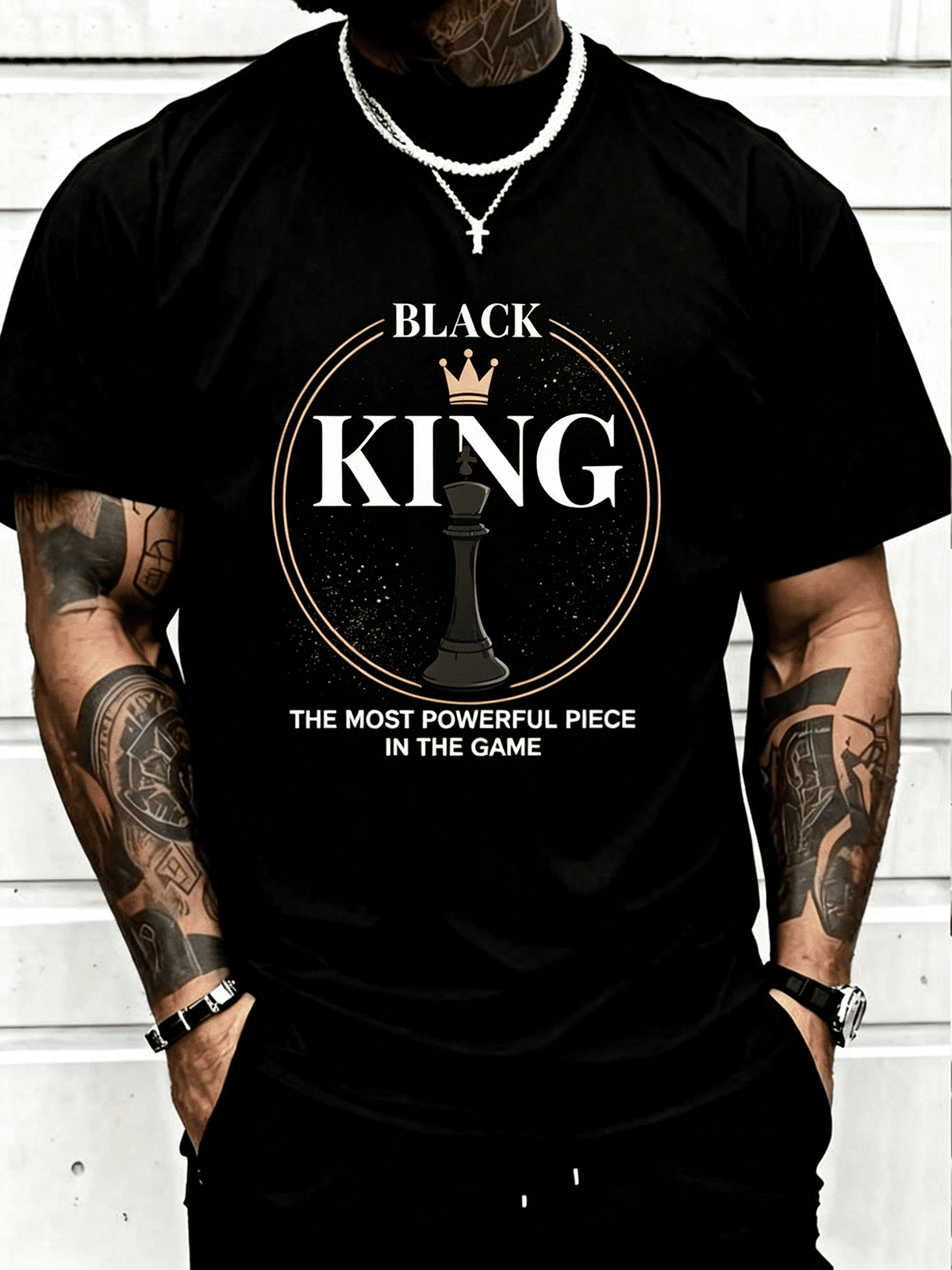Men’s Black King Chess Most Powerful Piece Graphic Cotton Short Sleeve T Shirt