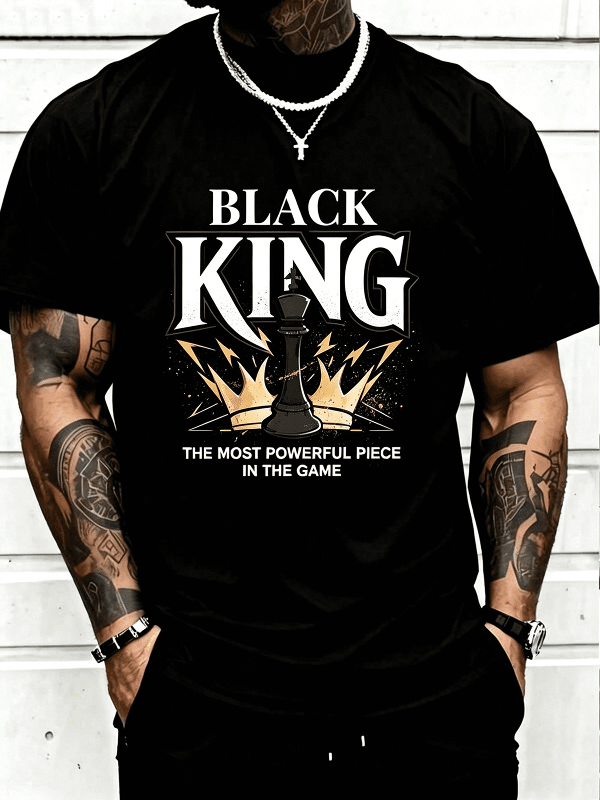 Men’s Black King Chess Most Powerful Piece Graphic Cotton Short Sleeve T Shirt