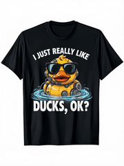 Men's Black Loose Fit Graphic T-Shirt, I Really Like Ducks Ok Playful Duck Print Round Neck Short Sleeve Casual Tee For Outdoor Daily Wear