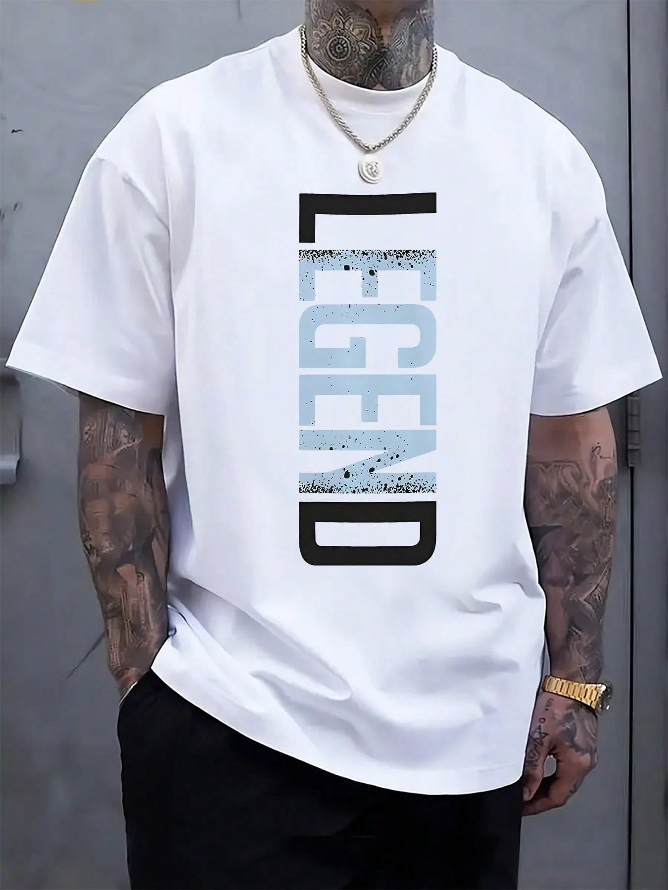 Men's Casual LEGEND Print Crew Neck Short Sleeve T-Shirt - Black With Blue Lettering, Lightweight Polyester Blend