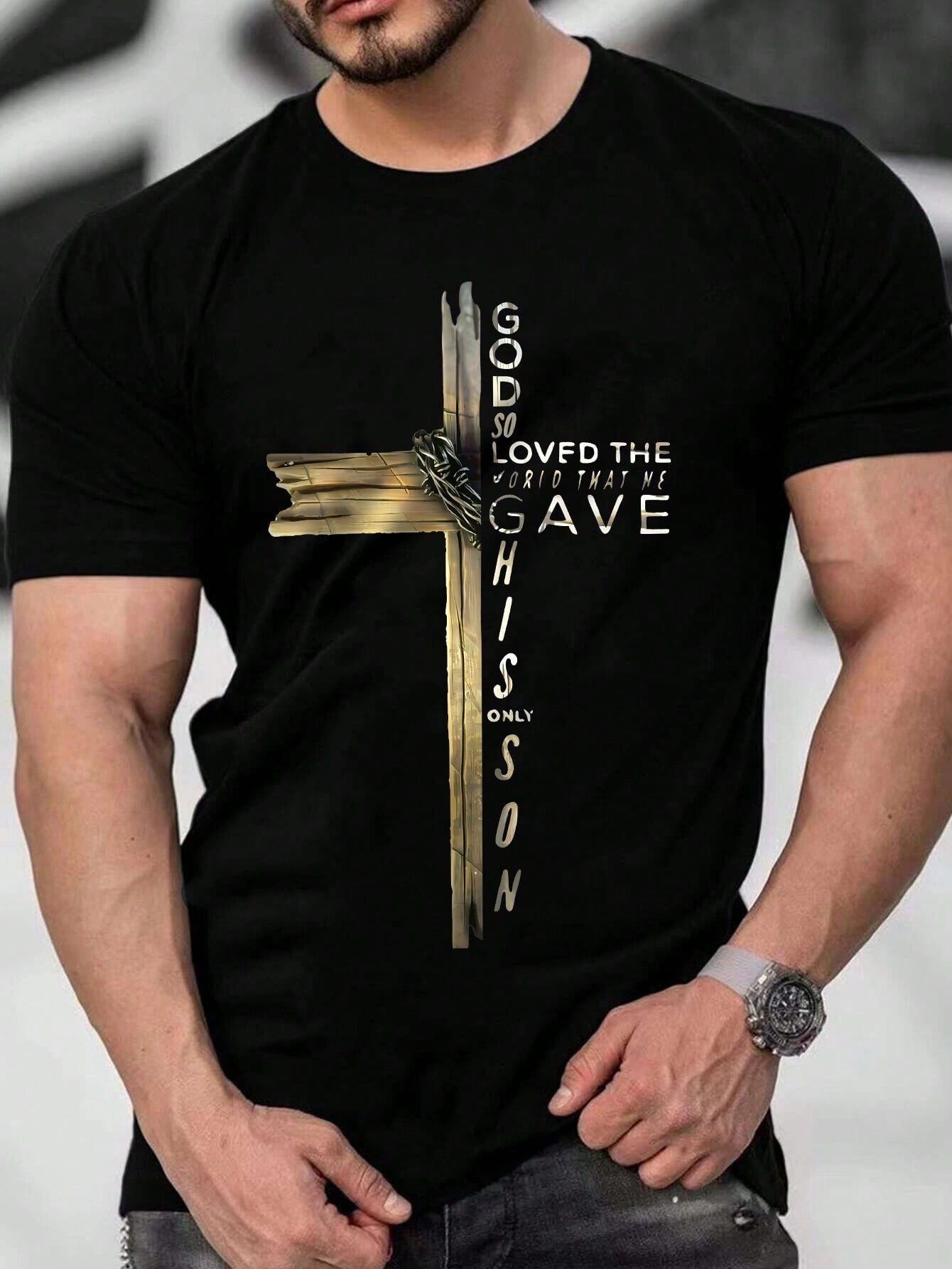 Men's Christian John 3:16 God So Loved The World Wooden Cross Inspirational T-Shirt