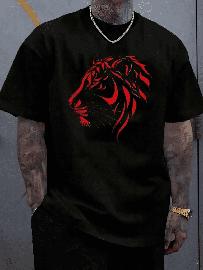 Men's Cotton Tee With Striking Lion Print. 100% Breathable Cotton, Loose Oversized Fit, Comfy Short Sleeve Graphic Shirt For Summer