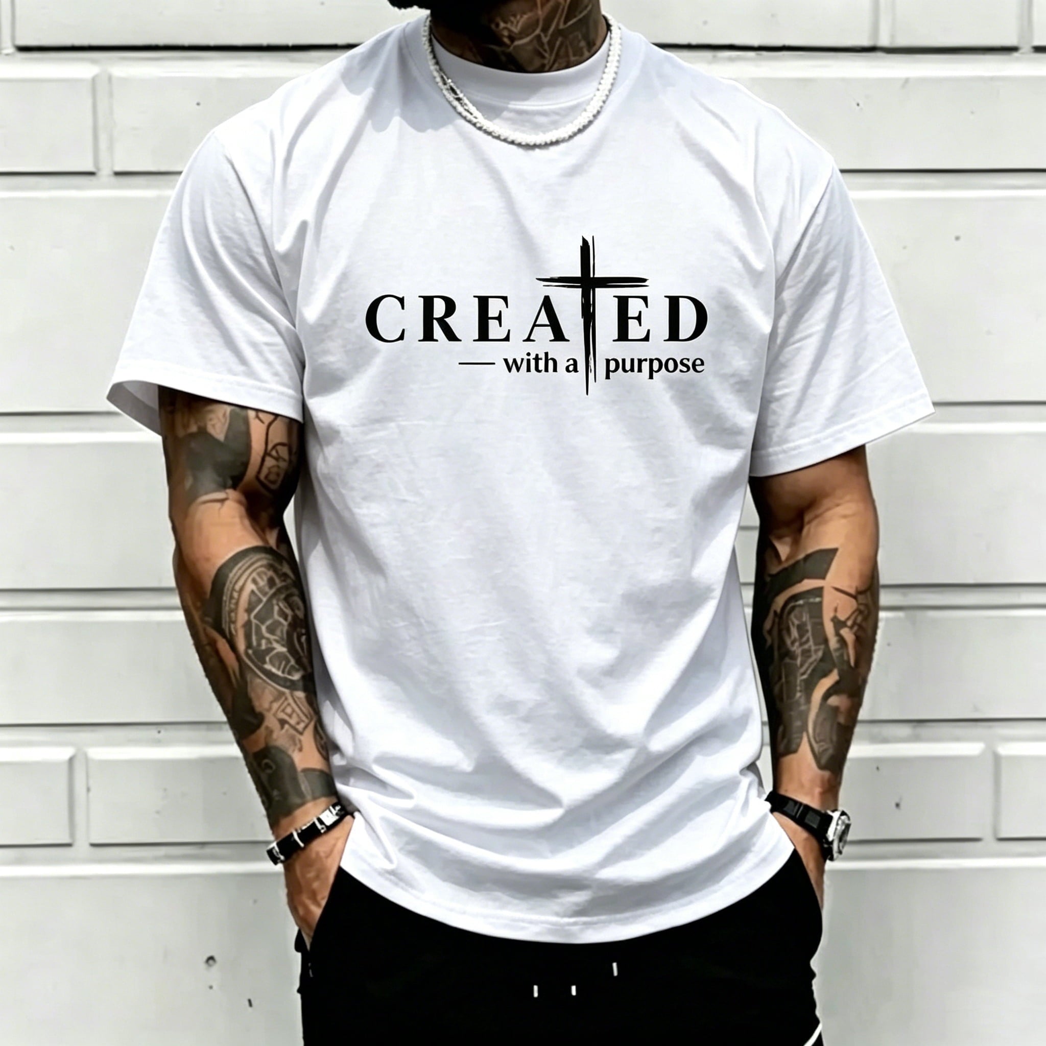 Men’s “Created with a Purpose” Christian graphic T-shirt, cross faith quote print tee, casual crew neck, perfect for church outfits, faith wear, and streetwear.