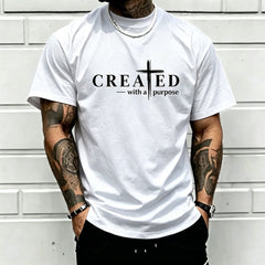 Men’s “Created with a Purpose” Christian graphic T-shirt, cross faith quote print tee, casual crew neck, perfect for church outfits, faith wear, and streetwear.