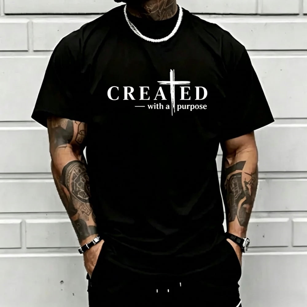 Men’s “Created with a Purpose” Christian graphic T-shirt, cross faith quote print tee, casual crew neck, perfect for church outfits, faith wear, and streetwear.