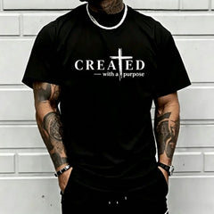 Men’s “Created with a Purpose” Christian graphic T-shirt, cross faith quote print tee, casual crew neck, perfect for church outfits, faith wear, and streetwear.