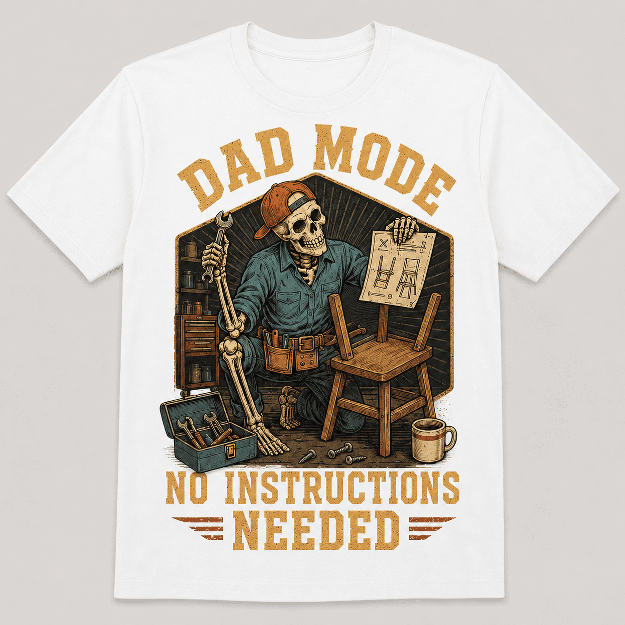 Men's Dad Mode No Instructions Needed T-Shirt, Funny Skeleton Handyman Garage Graphic Short Sleeve White Tee