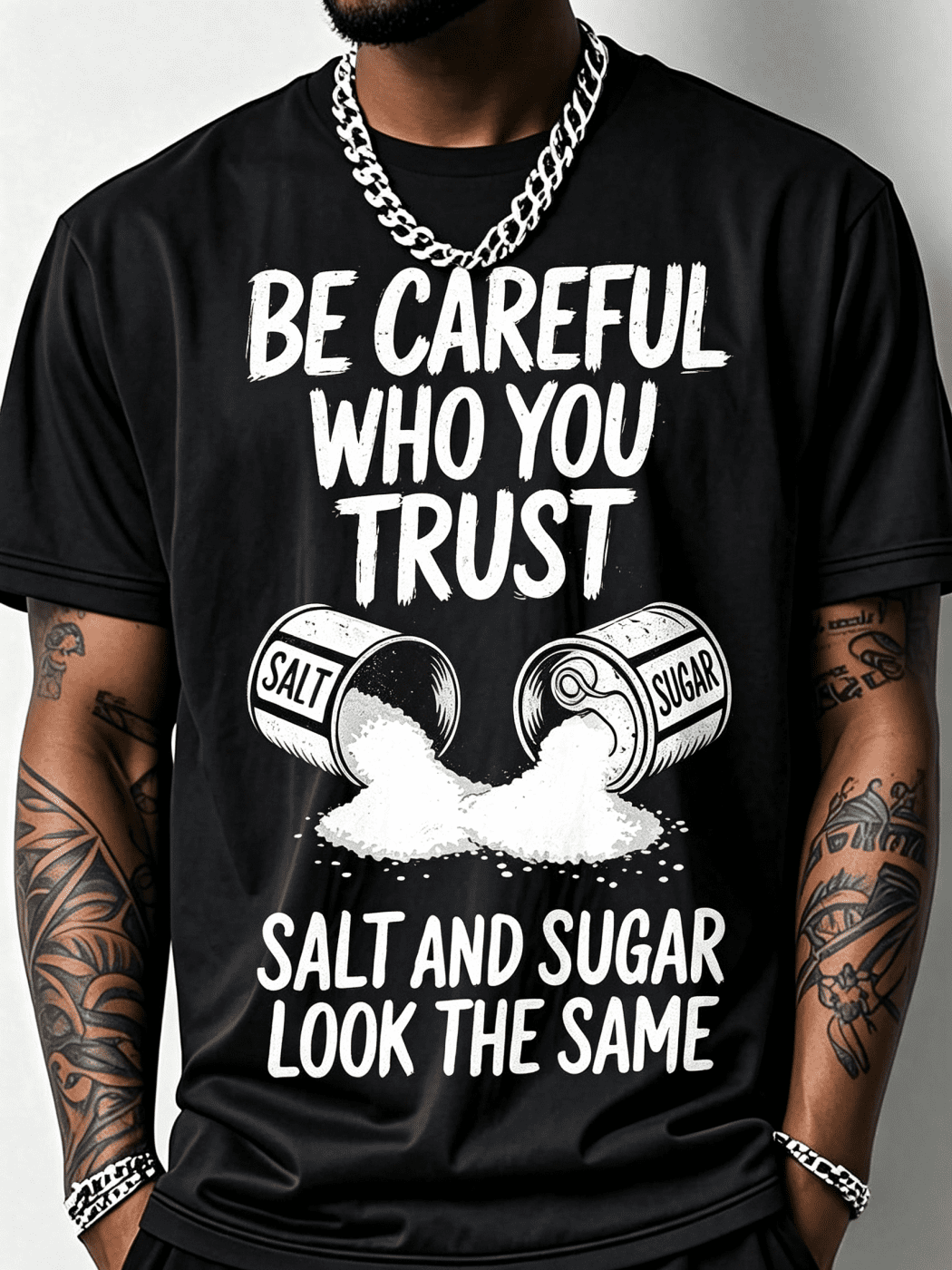 Men's Fun Fitness T-Shirt With Salt And Sugar Trust Pattern Print Loose Fit Breathable Short Sleeve Round Neck Casual And Sports Top, Suitable For Summer- Salt Bottle Design Fitness Clothing
