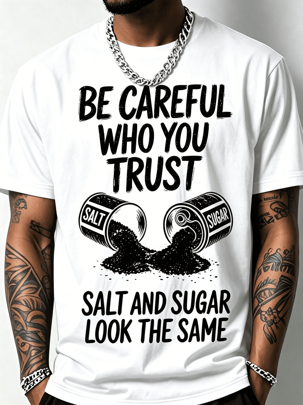 Men's Fun Fitness T-Shirt With Salt And Sugar Trust Pattern Print Loose Fit Breathable Short Sleeve Round Neck Casual And Sports Top, Suitable For Summer- Salt Bottle Design Fitness Clothing