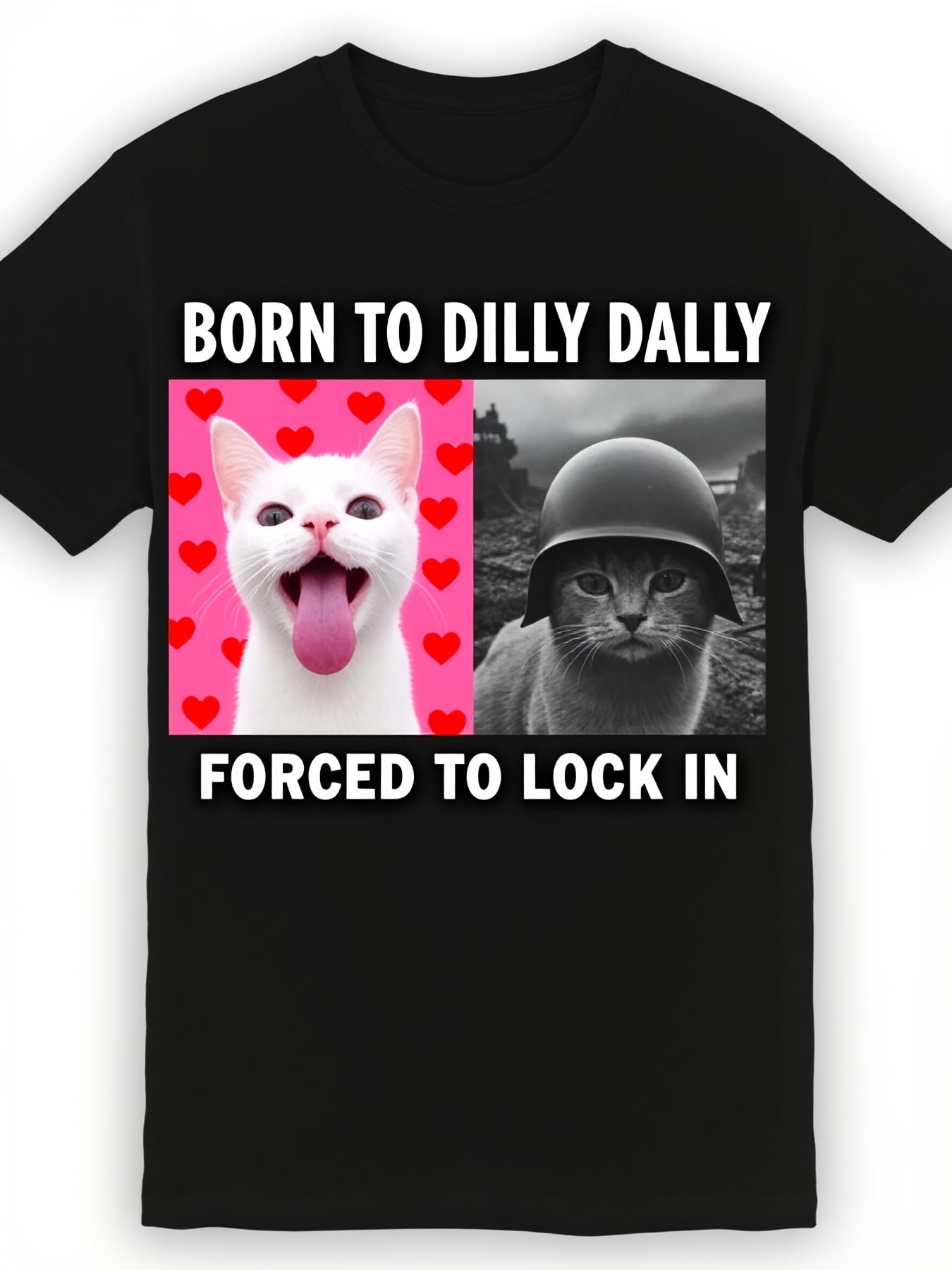 Men's Funny Cat TShirt with Born to Dilly Dally Slogan Scottish Fold Kitten Print