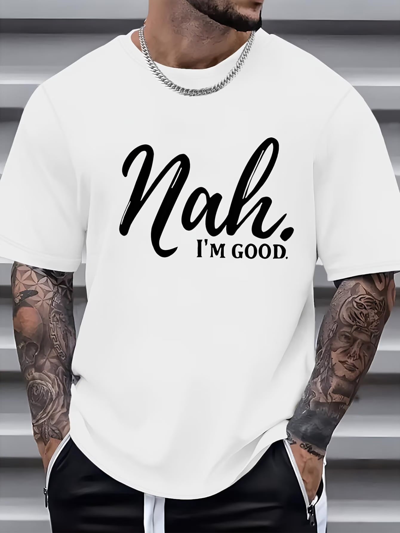 Men's Funny Saying T-Shirt - "Nah...I'm Good" Print Tee - Lightweight Summer Shirt - Black With White Text - Machine Washable Casual Everyday Top For Adults, Leisure Clothing, Urban Style