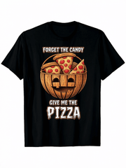 Men's Halloween Pizza Jack-O-Lantern Graphic T-Shirt, 100% Cotton Crew Neck Tee, Funny "Forget The Candy Give Me Pizza" Costume Shirt for Pizza Lovers