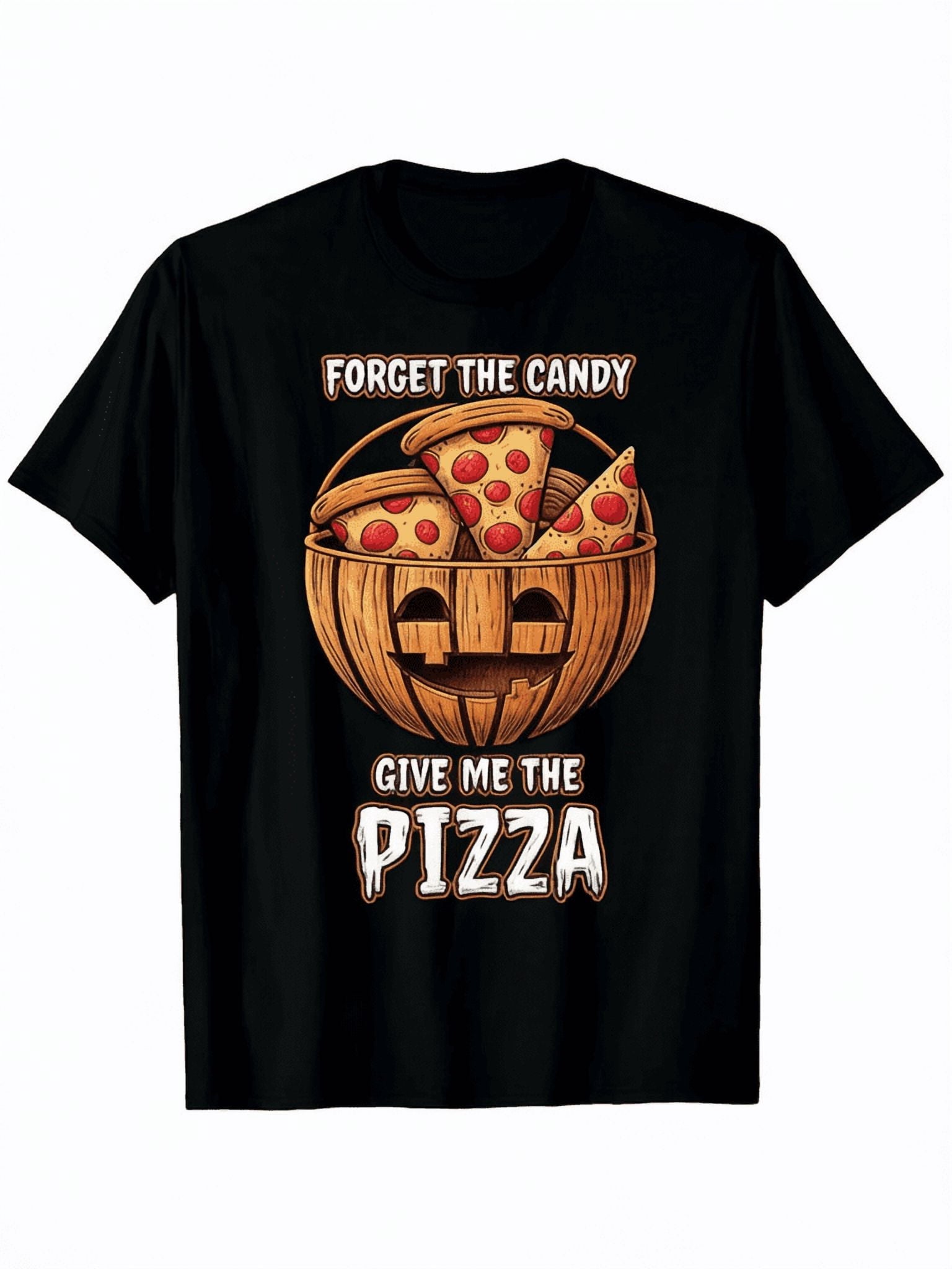 Men's Halloween Pizza Jack-O-Lantern Graphic T-Shirt, 100% Cotton Crew Neck Tee, Funny "Forget The Candy Give Me Pizza" Costume Shirt for Pizza Lovers
