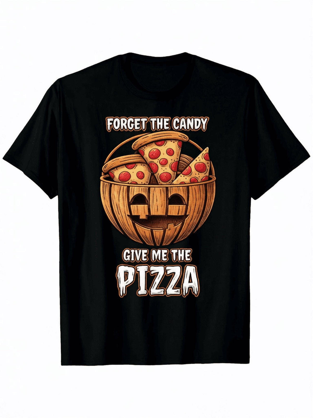 Men's Halloween Pizza Jack-O-Lantern Graphic T-Shirt, 100% Cotton Crew Neck Tee, Funny "Forget The Candy Give Me Pizza" Costume Shirt for Pizza Lovers
