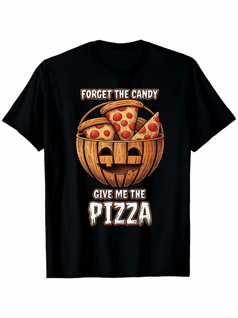 Men's Halloween Pizza Jack-O-Lantern Graphic T-Shirt, 100% Cotton Crew Neck Tee, Funny "Forget The Candy Give Me Pizza" Costume Shirt for Pizza Lovers
