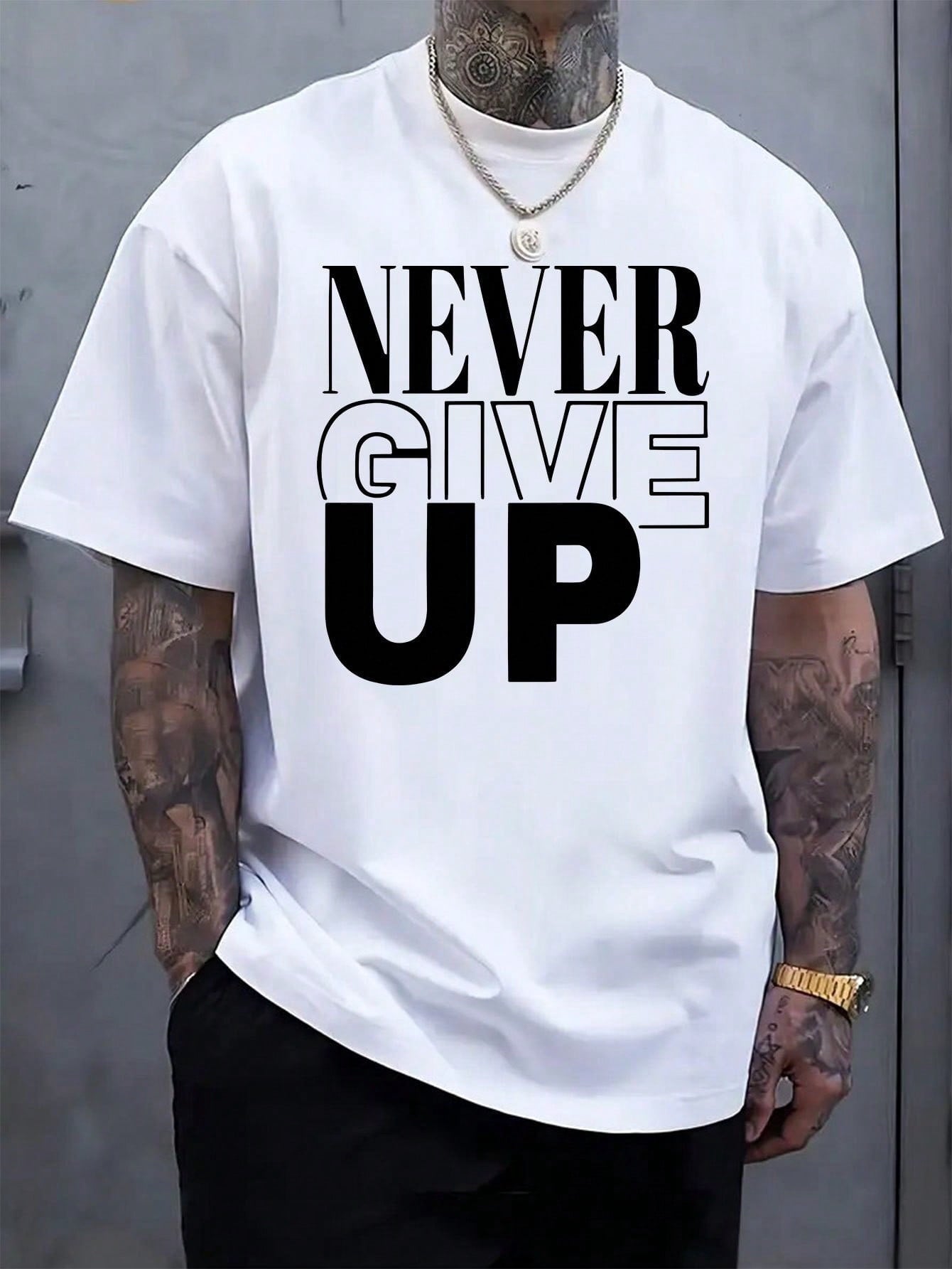 Men's "Never Give Up" Pattern T-Shirt - Cotton, Soft And Comfortable, Red Bold Black Letter Print, Casual Summer Outdoor T-Shirt, Perfect Gift For Men, Machine Washable
