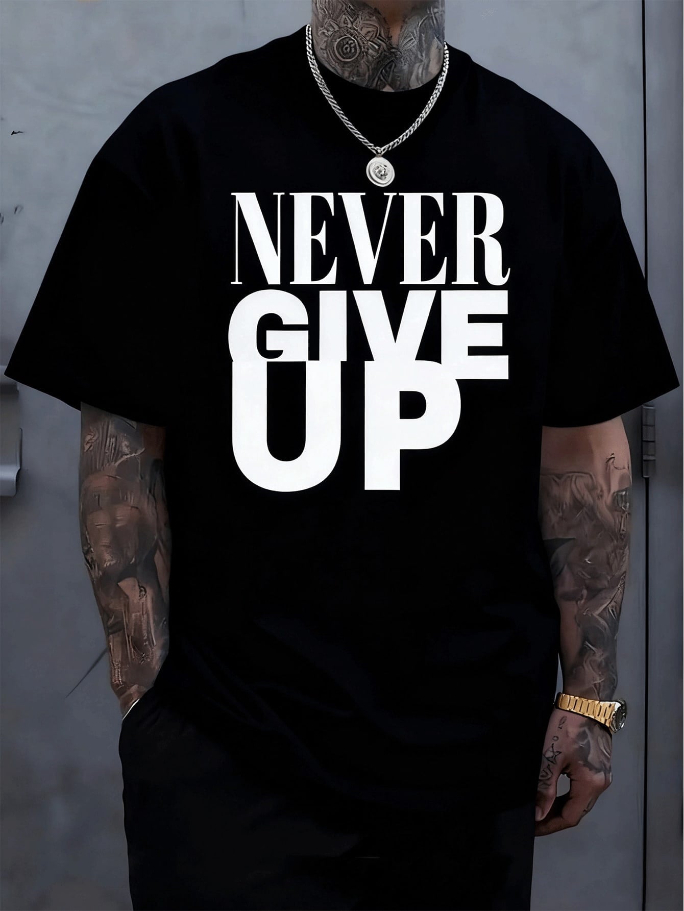 Men's "Never Give Up" Pattern T-Shirt - Cotton, Soft And Comfortable, Red Bold Black Letter Print, Casual Summer Outdoor T-Shirt, Perfect Gift For Men, Machine Washable