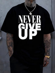 Men's "Never Give Up" Pattern T-Shirt - Cotton, Soft And Comfortable, Red Bold Black Letter Print, Casual Summer Outdoor T-Shirt, Perfect Gift For Men, Machine Washable