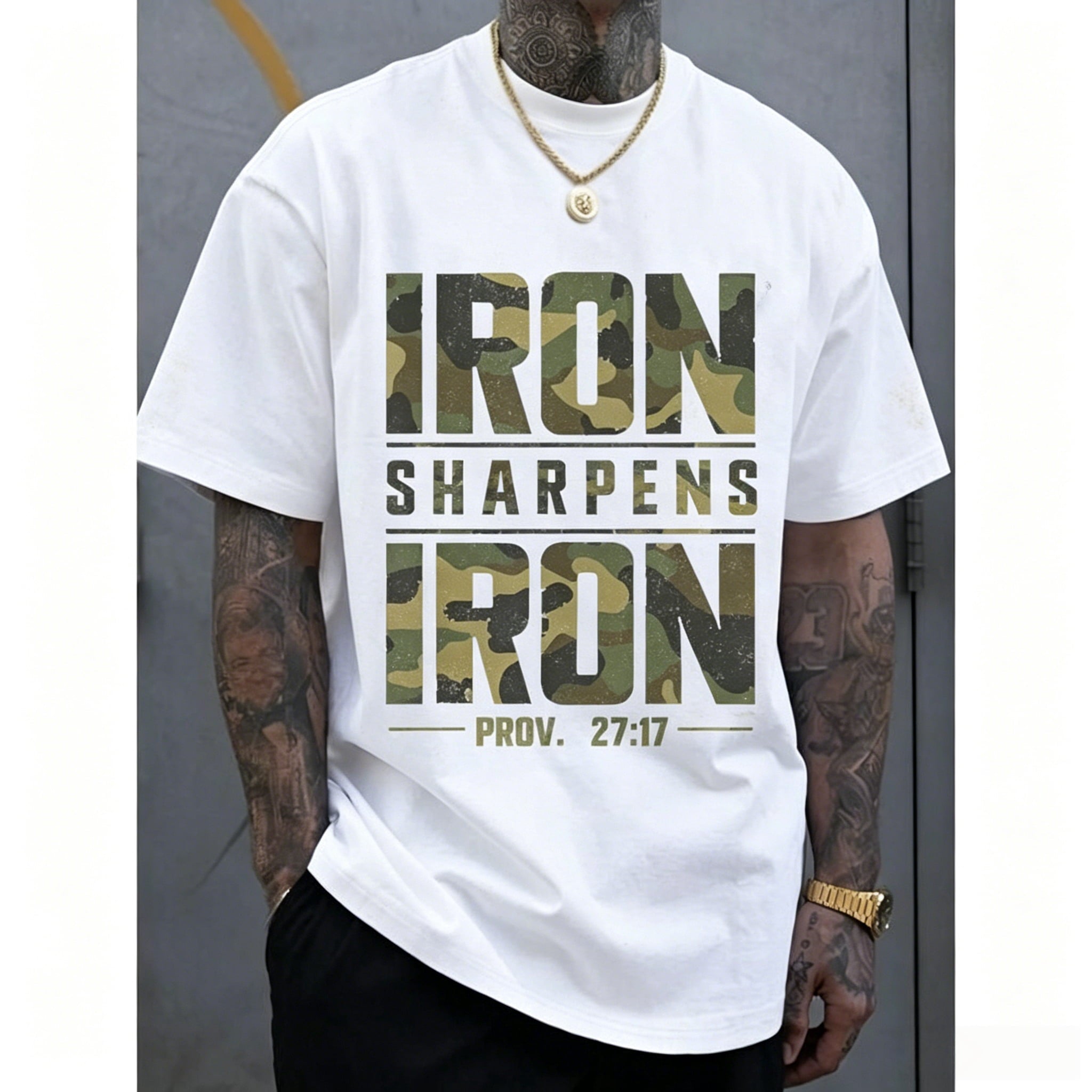 Men's Oversized 100% Cotton Camouflage Graphic Tee with "IRON SHARPENS IRON" Proverbs 27:17 Bible Verse Geometric Print, Breathable Durable Machine Washable Casual Streetwear Summer Fashion Top
