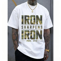 Men's Oversized 100% Cotton Camouflage Graphic Tee with "IRON SHARPENS IRON" Proverbs 27:17 Bible Verse Geometric Print, Breathable Durable Machine Washable Casual Streetwear Summer Fashion Top