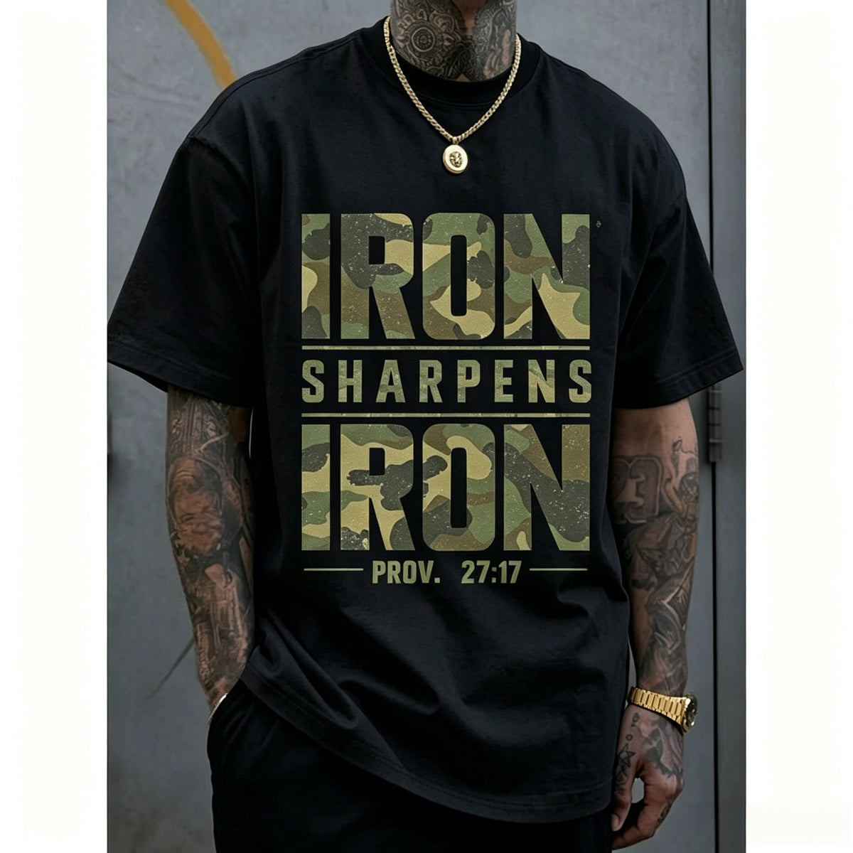 Men's Oversized 100% Cotton Camouflage Graphic Tee with "IRON SHARPENS IRON" Proverbs 27:17 Bible Verse Geometric Print, Breathable Durable Machine Washable Casual Streetwear Summer Fashion Top