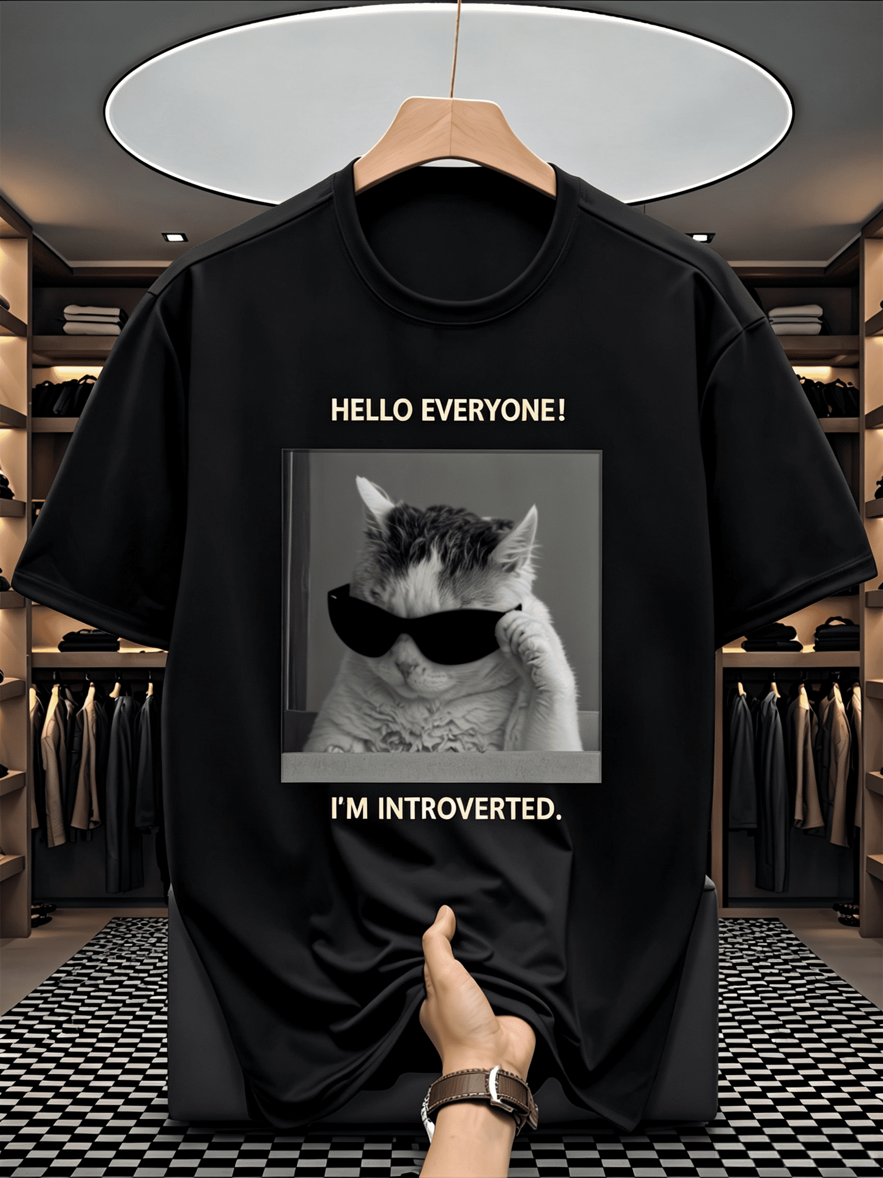 Men's "Pretending to Be Socially Awkward" Cat Letter Print Versatile Casual Sporty Short-Sleeve T-Shirt