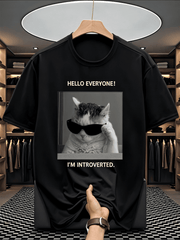 Men's "Pretending to Be Socially Awkward" Cat Letter Print Versatile Casual Sporty Short-Sleeve T-Shirt