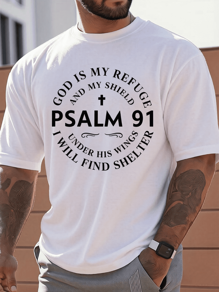 Men's Psalm 91 Inspirational T-Shirt - God is My Refuge & Shield Christian Graph