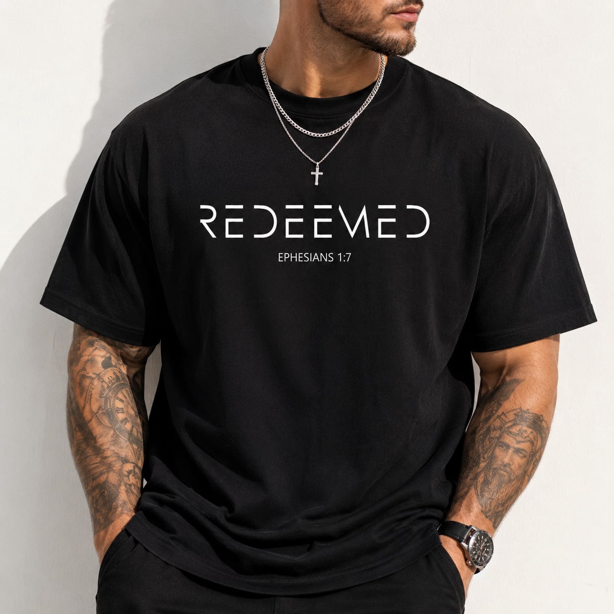 Men's Redeemed Ephesians 1:7 Christian Faith Letter Graphic Short Sleeve T-Shirt