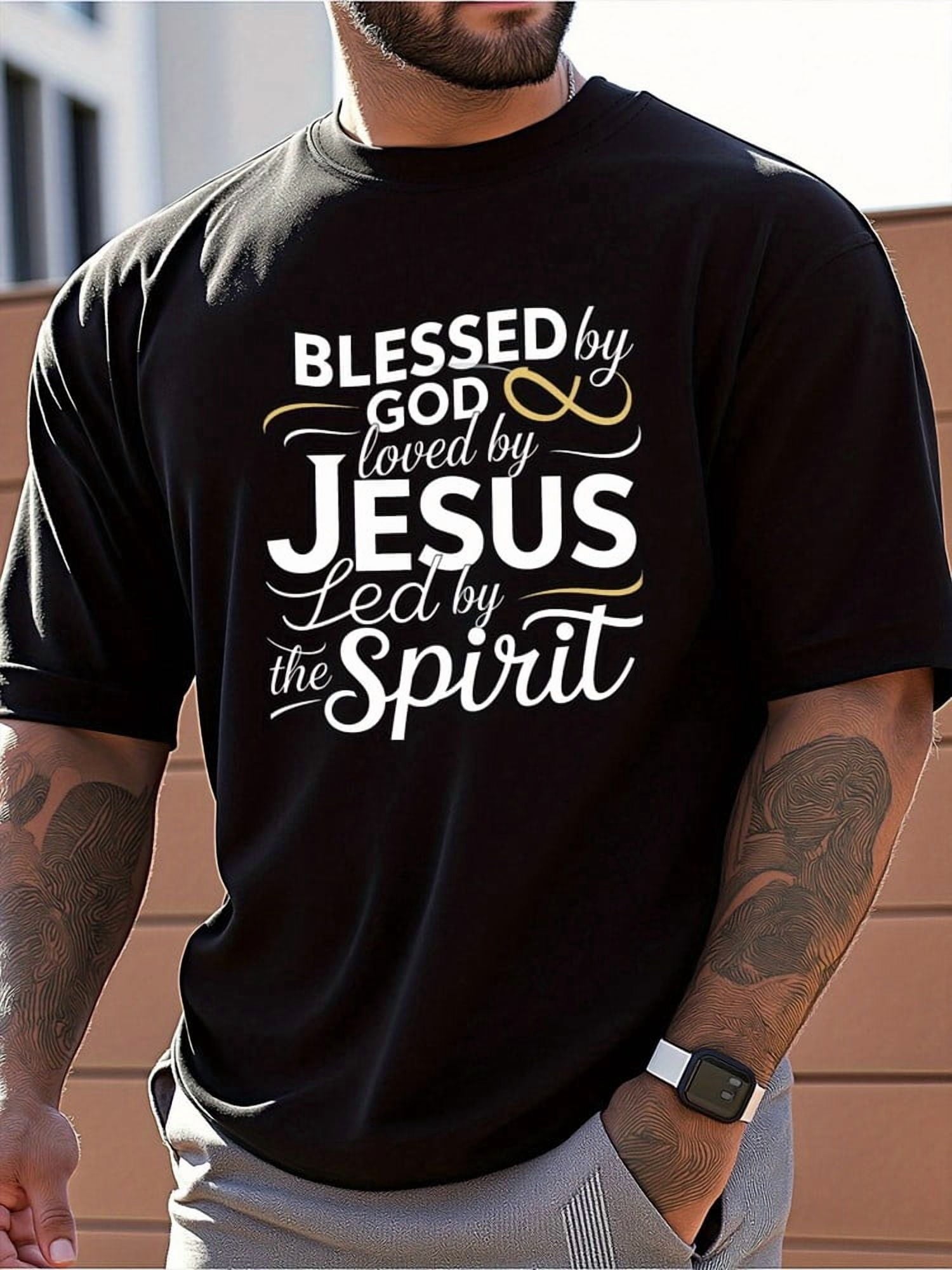 Men's Religious Faith T-Shirt - "Blessed by God, Loved by Jesus, LED by the Spir