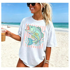 Men's Seamless Cotton Soft Solid Bass Fish Graphic T-Shirt - Retro Preppy Striped Fishing Tee, Summer Coastal Aesthetic Oversized Casual Round Neck Top for Beach Vacations