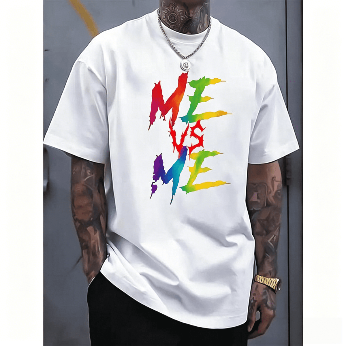 Men's Summer Casual Short Sleeve Round Neck Loose Fit Cotton Top Menswear Geometric Pattern Funny Tshirt