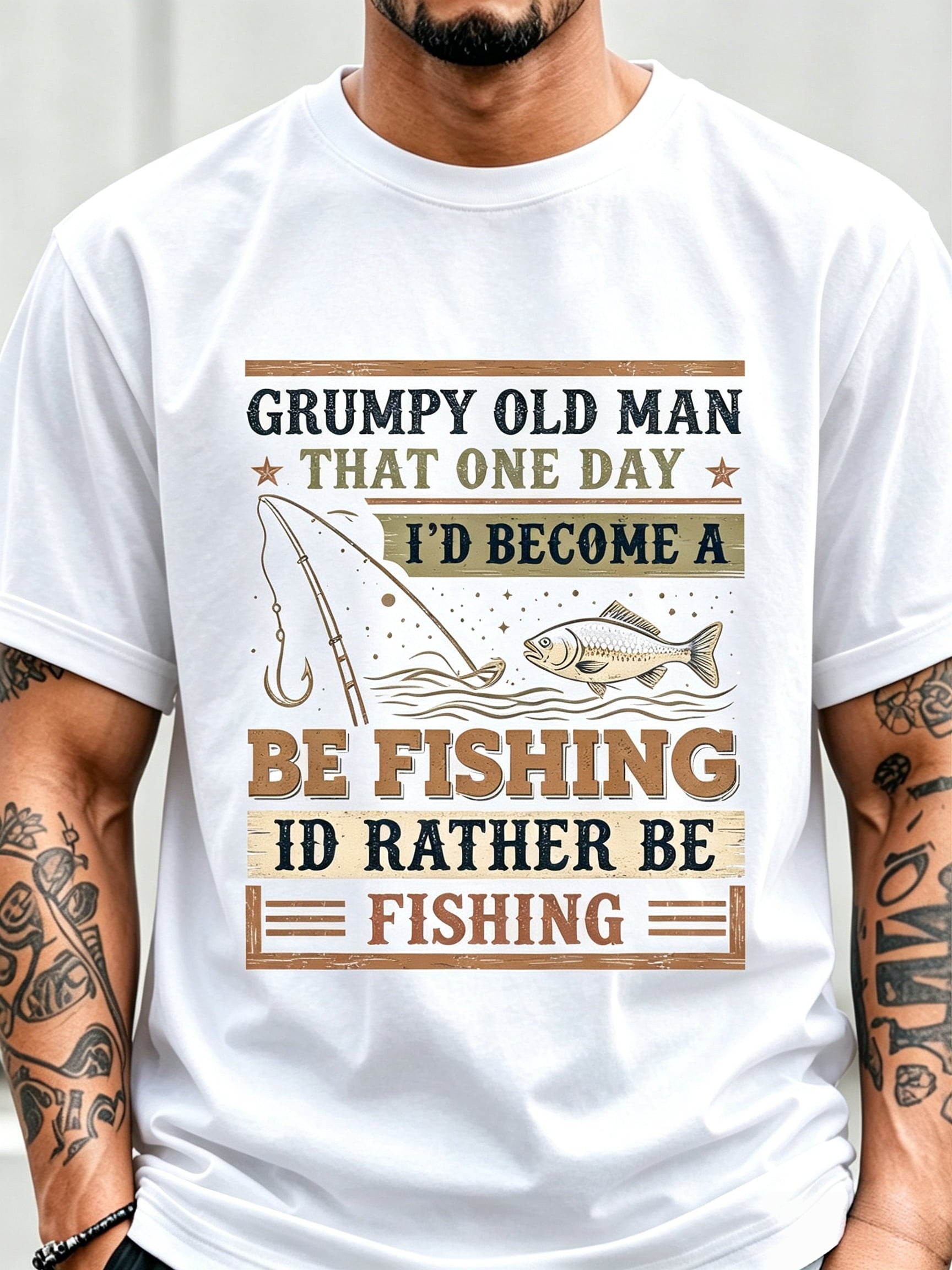 Men's Vintage Grumpy Old Fisherman Graphic Tee, Short Sleeve Fishing Lover Daily T-Shirt