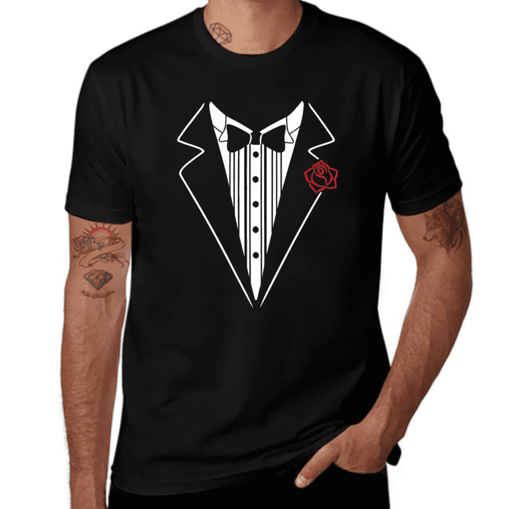 Mens Black Tuxedo T Shirt Funny Lazy Wedding Fake Suit Fancy Marriage Tee