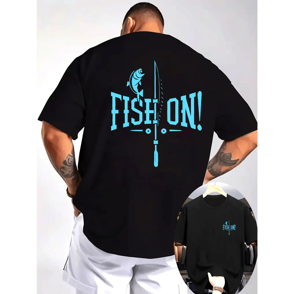 Menswear Unisex 'Fish On' Graphic Print Short Sleeve Crew Neck T-Shirt, Casual Top for Outdoor Fishing Anglers