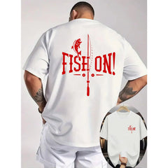 Menswear Unisex 'Fish On' Graphic Print Short Sleeve Crew Neck T-Shirt, Casual Top for Outdoor Fishing Anglers