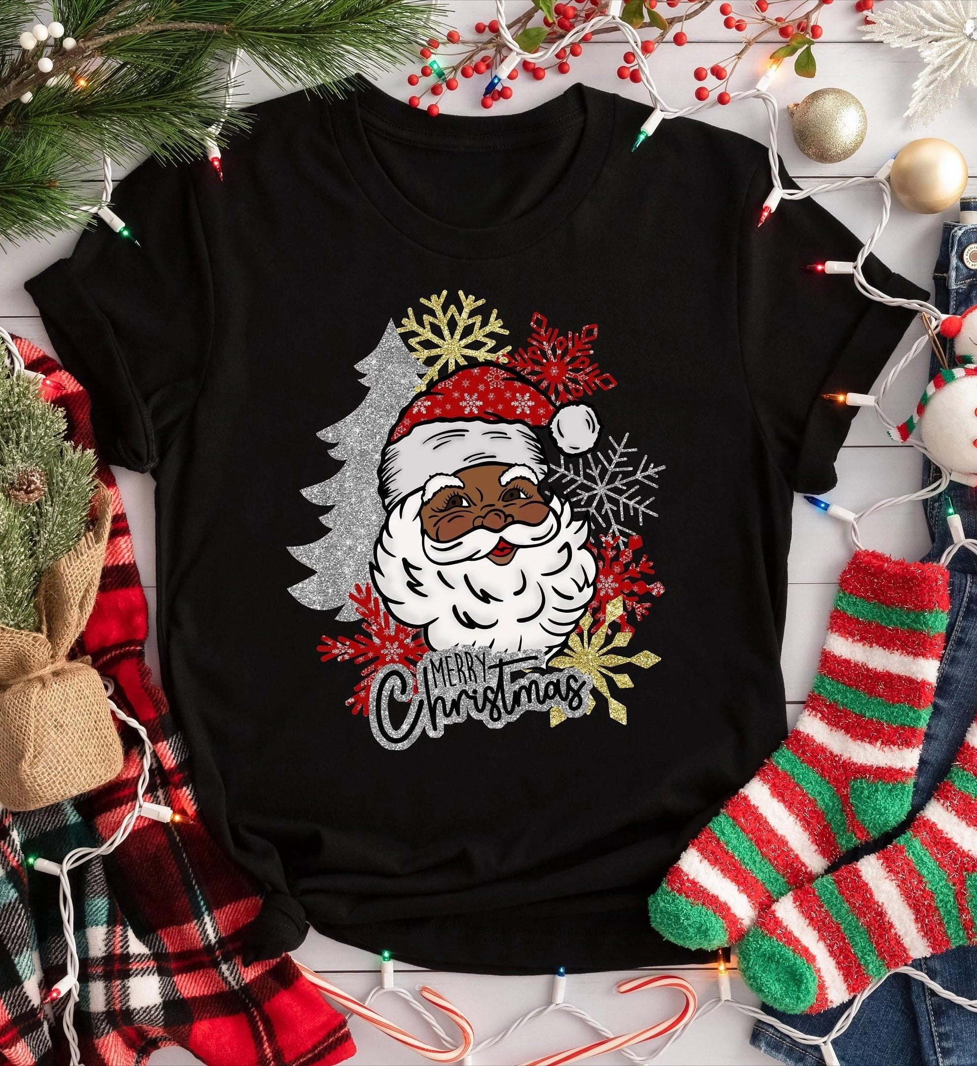 Merry Christmas Black Santa Shirt, Funny Winter Santa Head tshirt For Unisex，Casual Crew Neck Tees