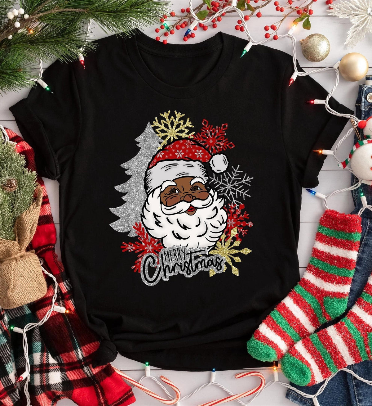 Merry Christmas Black Santa Shirt, Funny Winter Santa Head tshirt For Unisex，Casual Crew Neck Tees