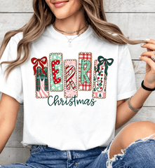 Merry Christmas Women's T-Shirt, Retro Patchwork Letter Bow Graphic Tee, Christmas Family Matching Top, Holiday Xmas Gift Shirt