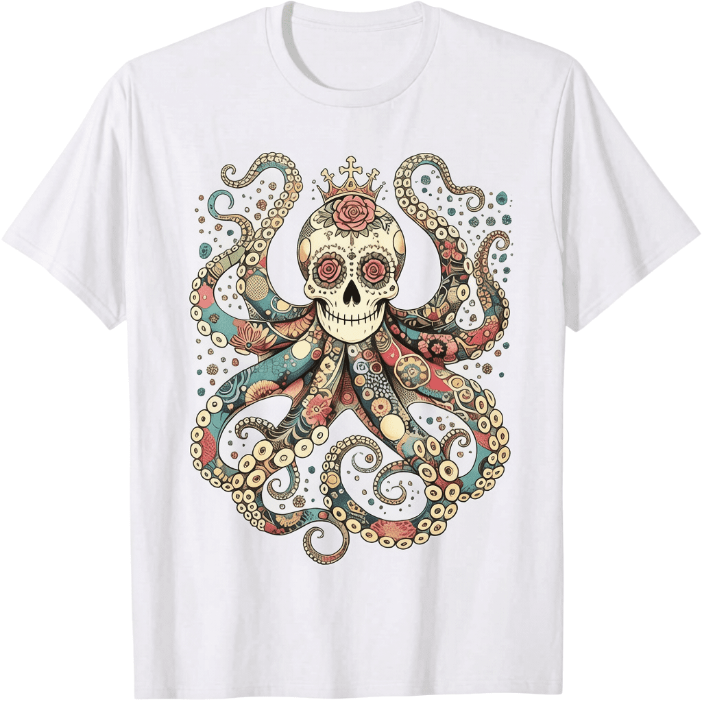 Mexican Sugar Skull Octopus T-Shirt Gothic Rose Crown Crossbones Graphic Unisex